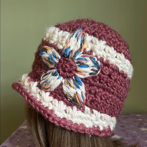 Handcrafted dark cherry Crochet Hat with Floral Accent medium extremely warm - Picture 1 of 10